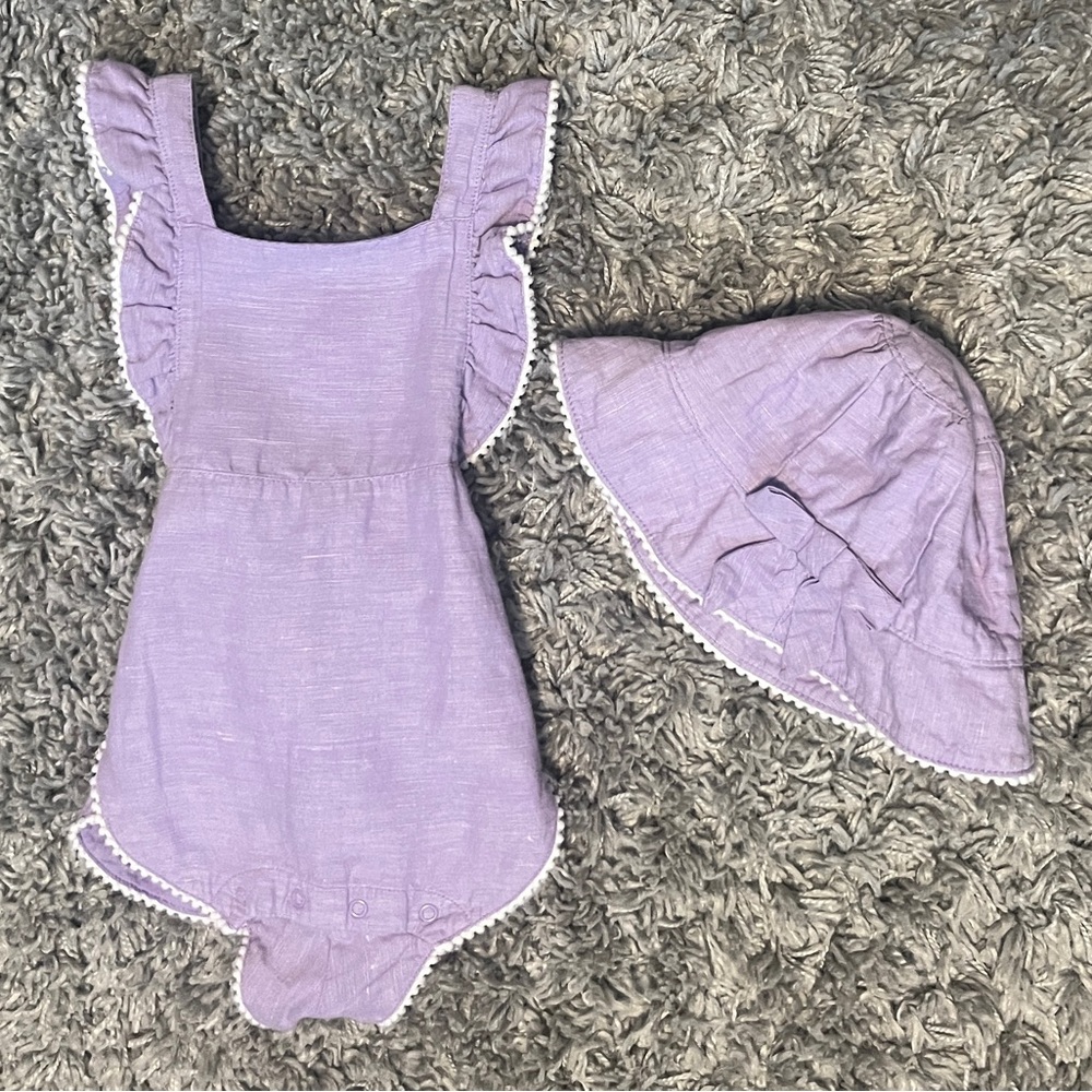 Janie and Jack Linen Romper & Hat Set, Size 6-12 Months